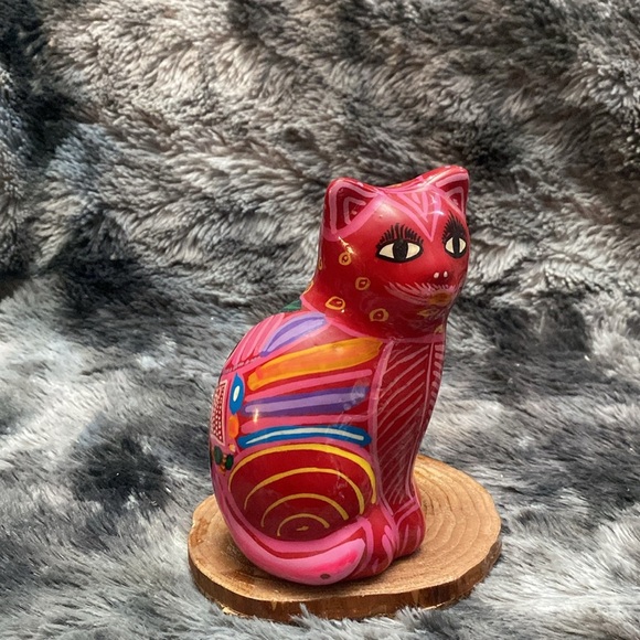 Folk Art Yellow Hand Painted Clay 
Cat Piggy Bank Floral Coin Bank - Picture 2 of 15